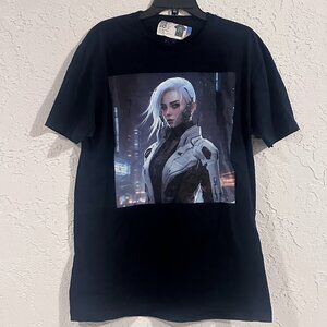 One-of-a-kind AI Art Graphic T-Shirt – Cyberpunk Female – Black – Size XL – NEW